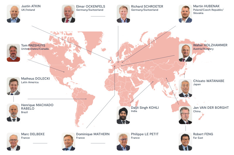 Kaart die het netwerk van vertegenwoordigers over de hele wereld weergeeft.