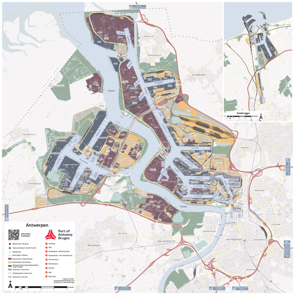 Folding map with a focus on the port area of Antwerp (recto) and international hinterland connections (verso).