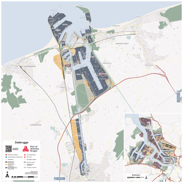 Folding map with a focus on the port area of Zeebrugge (recto) and international hinterland connections (verso).